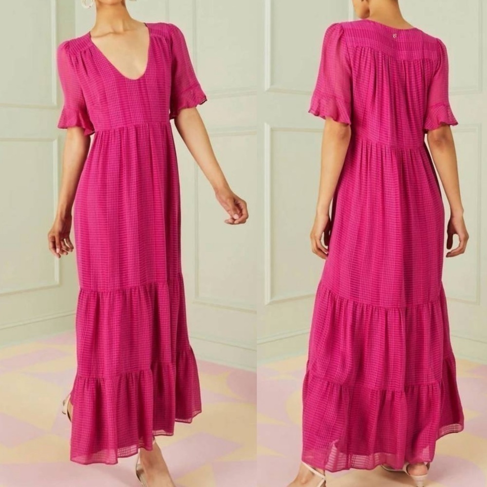 Marie Oliver Vanessa fuschia pink subtle plaid short sleeve v neck maxi dress - Picture 1 of 10